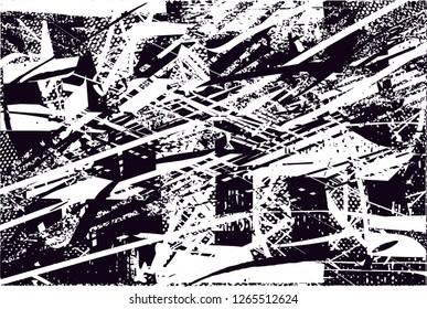 Distressed background in black and white texture with  dark spots, nets,scratches and lines. Abstract vector illustration