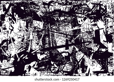 Distressed background in black and white texture with  dark spots, nets,scratches and lines. Abstract vector illustration