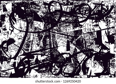 Distressed background in black and white texture with  dark spots, nets,scratches and lines. Abstract vector illustration