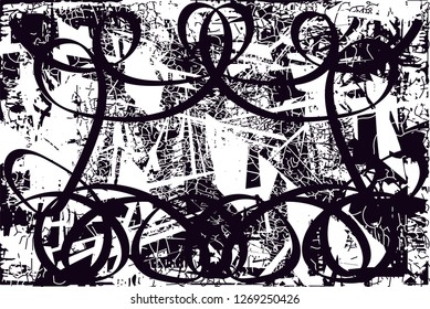 Distressed background in black and white texture with  dark spots, nets,scratches and lines. Abstract vector illustration