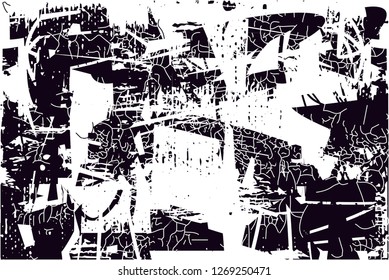 Distressed background in black and white texture with  dark spots, nets,scratches and lines. Abstract vector illustration