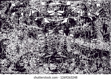 Distressed background in black and white texture with  dark spots, nets,scratches and lines. Abstract vector illustration