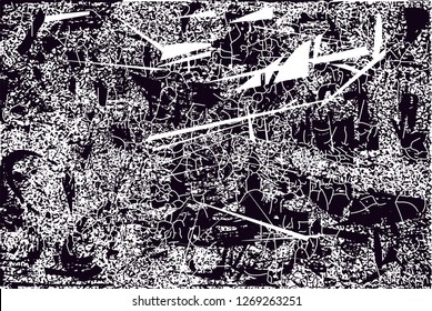 Distressed background in black and white texture with  dark spots, nets,scratches and lines. Abstract vector illustration