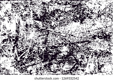 Distressed background in black and white texture with  dark spots, nets,scratches and lines. Abstract vector illustration