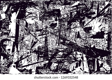 Distressed background in black and white texture with  dark spots, nets,scratches and lines. Abstract vector illustration