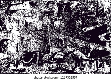 Distressed background in black and white texture with  dark spots, nets,scratches and lines. Abstract vector illustration
