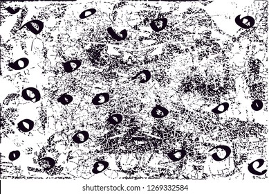 Distressed background in black and white texture with  dark spots, nets,scratches and lines. Abstract vector illustration