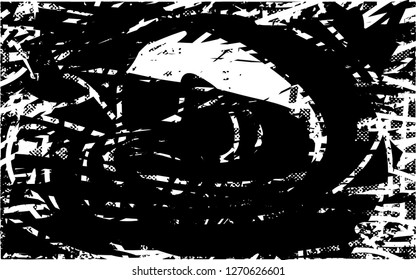 Distressed background in black and white texture with dark spots, scratches and lines. Abstract vector illustration