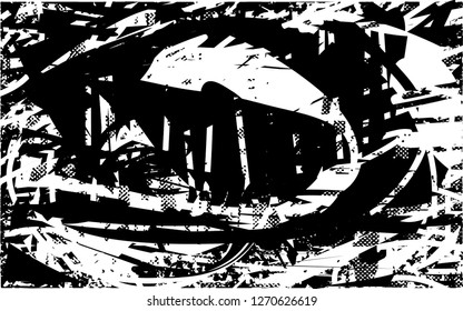 Distressed background in black and white texture with dark spots, scratches and lines. Abstract vector illustration