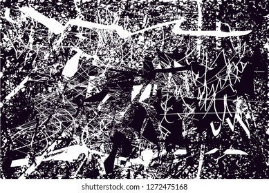 Distressed background in black and white texture with  dark spots, scratches and lines. Abstract vector illustration