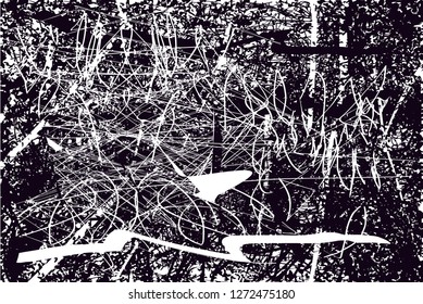 Distressed background in black and white texture with  dark spots, scratches and lines. Abstract vector illustration
