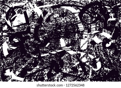 Distressed background in black and white texture with  dark spots, scratches and lines. Abstract vector illustration