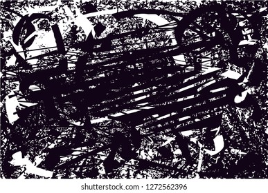 Distressed background in black and white texture with  dark spots, scratches and lines. Abstract vector illustration