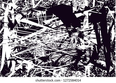 Distressed background in black and white texture with  dark spots, scratches and lines. Abstract vector illustration