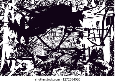 Distressed background in black and white texture with  dark spots, scratches and lines. Abstract vector illustration