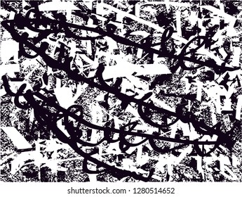 Distressed background in black and white texture from leaves, with dots, spots, scratches and lines. Abstract vector illustration