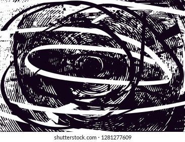 Distressed background in black and white texture with circles, spots, scratches and lines. Abstract vector illustration
