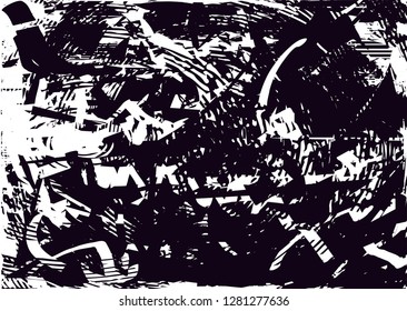 Distressed background in black and white texture with circles, spots, scratches and lines. Abstract vector illustration