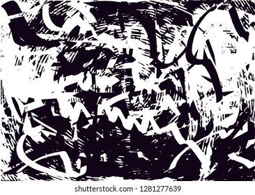 Distressed background in black and white texture with circles, spots, scratches and lines. Abstract vector illustration