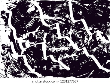 Distressed background in black and white texture with circles, spots, scratches and lines. Abstract vector illustration