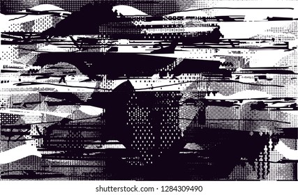 Distressed background in black and white texture with  dark spots, scratches and lines. Abstract illustration