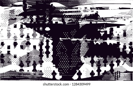 Distressed background in black and white texture with  dark spots, scratches and lines. Abstract illustration