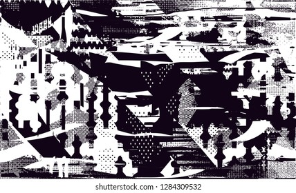 Distressed background in black and white texture with  dark spots, scratches and lines. Abstract illustration