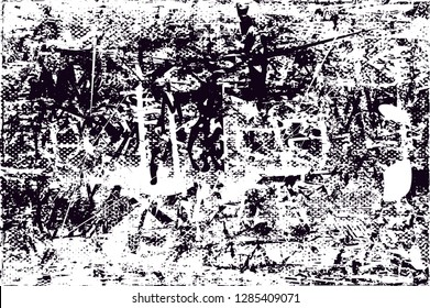 Distressed background in black and white texture with  dark spots, nets,scratches and lines. Abstract vector illustration