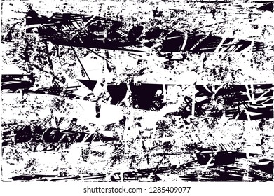 Distressed background in black and white texture with  dark spots, nets,scratches and lines. Abstract vector illustration