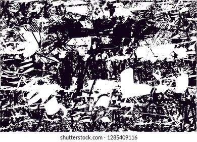Distressed background in black and white texture with  dark spots, nets,scratches and lines. Abstract vector illustration