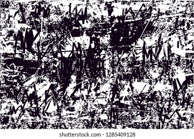 Distressed background in black and white texture with  dark spots, nets,scratches and lines. Abstract vector illustration