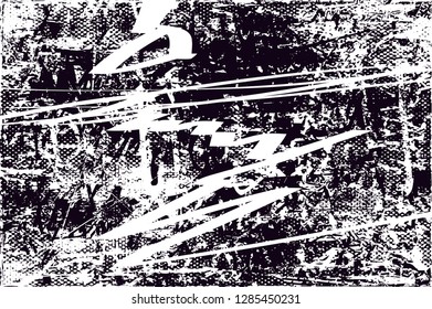 Distressed background in black and white texture with  dark spots, nets,scratches and lines. Abstract vector illustration
