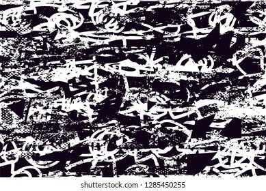 Distressed background in black and white texture with  dark spots, nets,scratches and lines. Abstract vector illustration