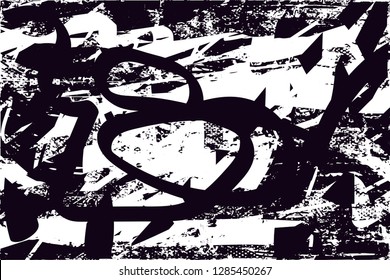 Distressed background in black and white texture with  dark spots, nets,scratches and lines. Abstract vector illustration