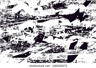Distressed background in black and white texture with  dark spots, nets,scratches and lines. Abstract vector illustration