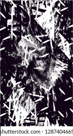 Distressed background in black and white texture with  dark spots, nets,scratches and lines. Abstract vector illustration