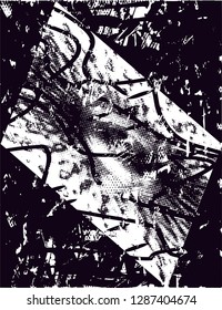 Distressed background in black and white texture with  dark spots, nets,scratches and lines. Abstract vector illustration