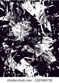 Distressed background in black and white texture with  dark spots, nets,scratches and lines. Abstract vector illustration