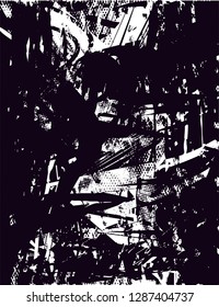 Distressed background in black and white texture with  dark spots, nets,scratches and lines. Abstract vector illustration
