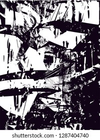 Distressed background in black and white texture with  dark spots, nets,scratches and lines. Abstract vector illustration