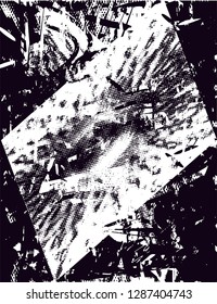 Distressed background in black and white texture with  dark spots, nets,scratches and lines. Abstract vector illustration