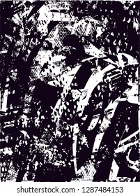 Distressed background in black and white texture with  dark spots, nets,scratches and lines. Abstract vector illustration