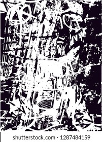 Distressed background in black and white texture with  dark spots, nets,scratches and lines. Abstract vector illustration