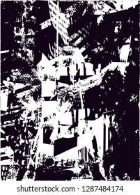 Distressed background in black and white texture with  dark spots, nets,scratches and lines. Abstract vector illustration