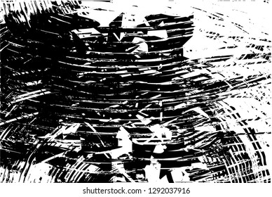Distressed background in black and white texture with circles, spots, scratches and lines. Abstract vector illustration