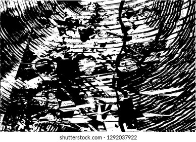 Distressed background in black and white texture with circles, spots, scratches and lines. Abstract vector illustration