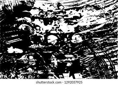 Distressed background in black and white texture with circles, spots, scratches and lines. Abstract vector illustration