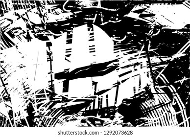Distressed background in black and white texture with  dark spots, nets,scratches and lines. Abstract vector illustration