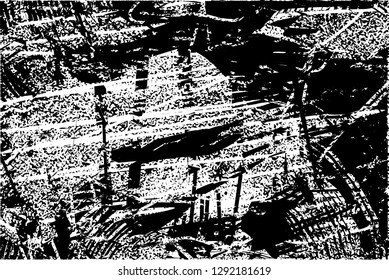 Distressed background in black and white texture with  dark spots, nets,scratches and lines. Abstract vector illustration
