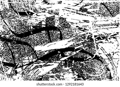 Distressed background in black and white texture with  dark spots, nets,scratches and lines. Abstract vector illustration